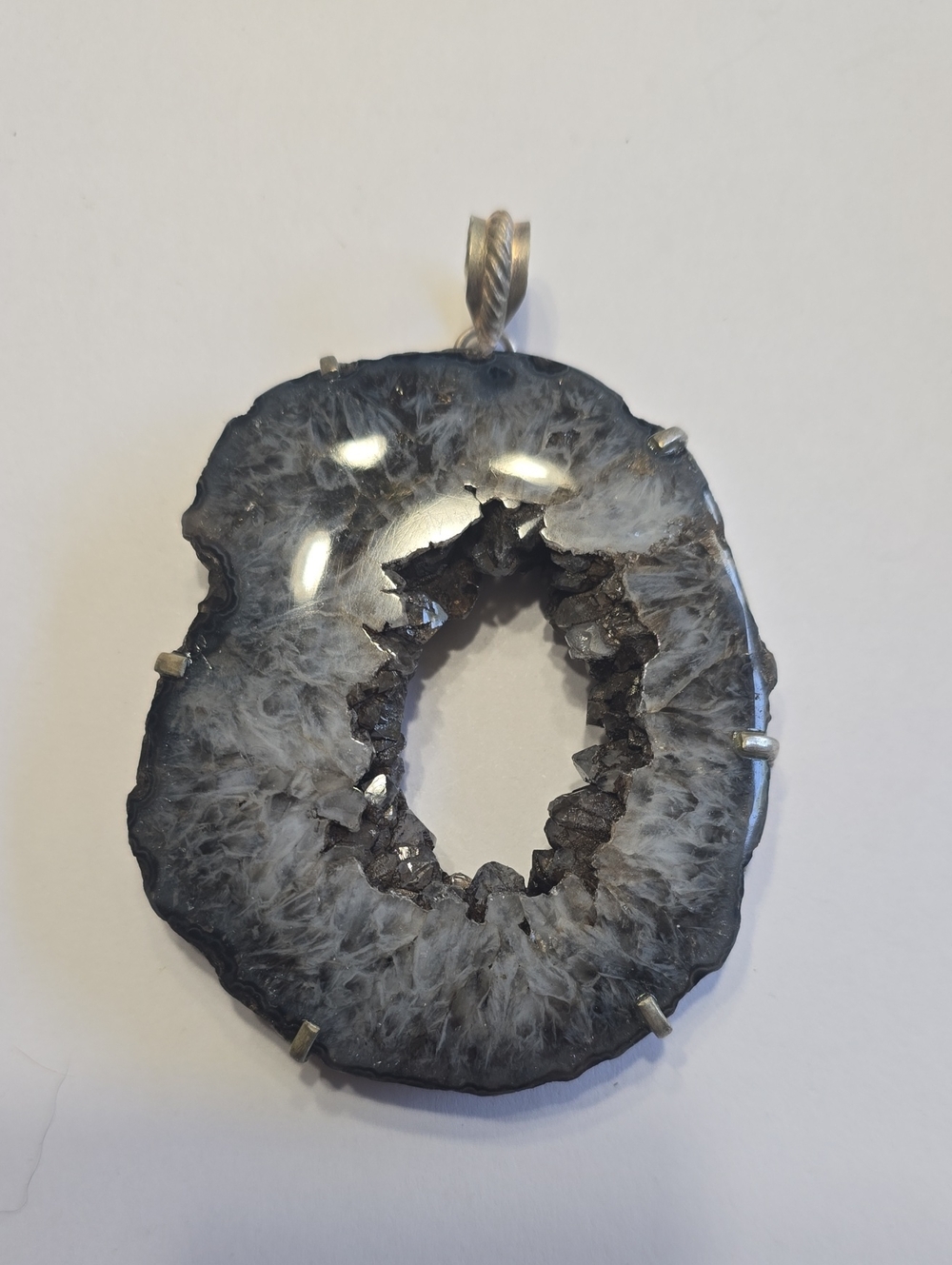 Gray Agate Geode Pendant Necklace - Natural Stone Jewelry